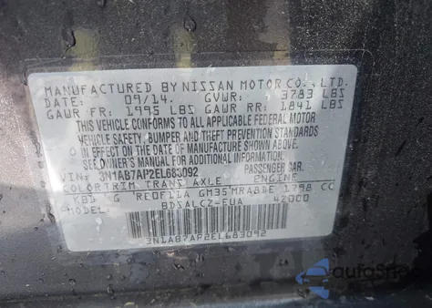 2014 Nissan Sentra S/Sv/Sr/Sl z USA, uszkodzony, nr VIN 3N1AB7AP2EL683092